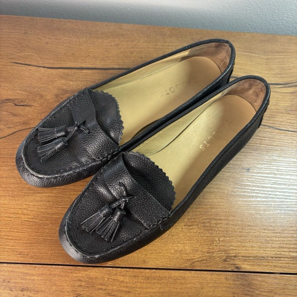 TALBOTS Women's Everson Kiltie Leather Tassel Driving Flats Black Shoes Size 8M